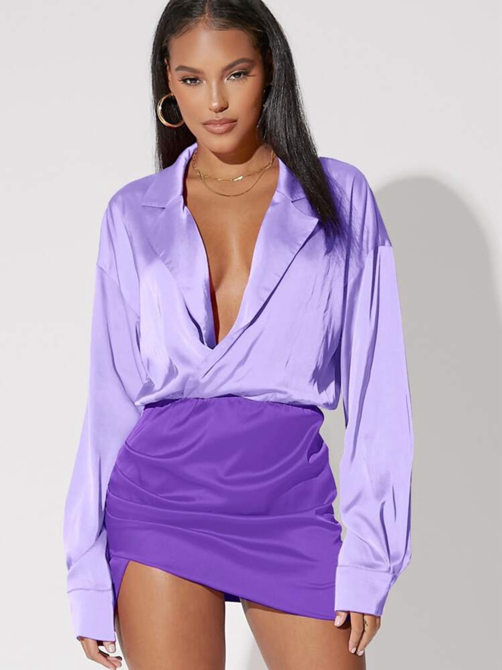 SHEIN Lavender Satin Blouse with Violet Mini Skirt